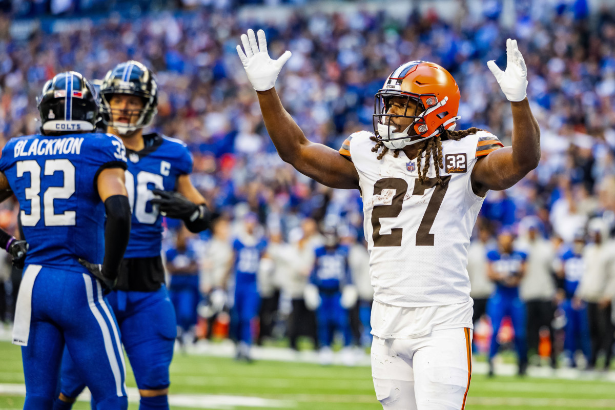 Oct 22, 2023; Indianapolis, Indiana, USA; Cleveland Browns running back Kareem Hunt (27) celebrates his game winning touchdown in the second half against the Indianapolis Colts at Lucas Oil Stadium.